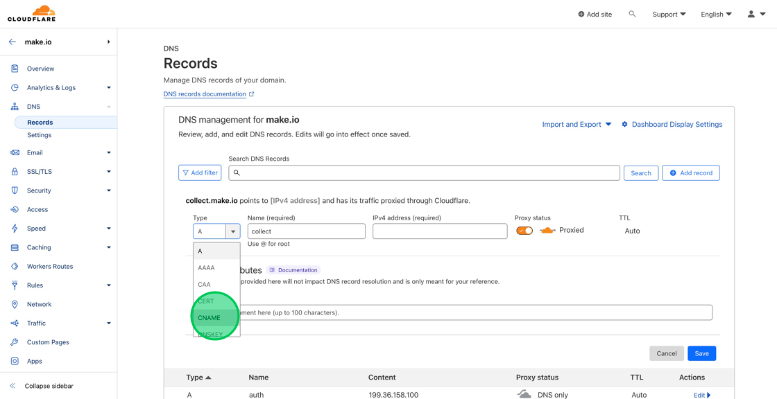 Screenshot of: Change the Type from "A" to "CNAME" and enter the Name that we just copied from MakeForms into the Name field