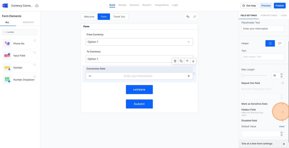 Screenshot of: Once we are done with the input parameter mapping, we need to map the return value parameters. For this, we will add a new field and name it "Conversion Rate". Since we do not wish to show this field to the user, we will just mark it as hidden