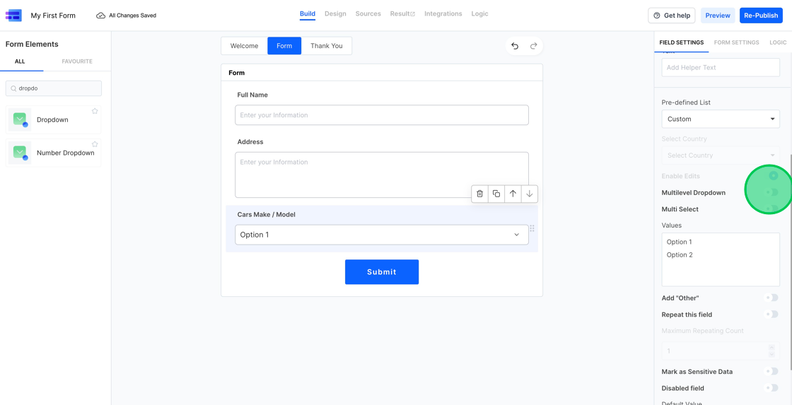 Screenshot of: In the right sidebar, under field settings, scroll a bit. You'll spot an option named "Multilevel Dropdown". Simply flip the switch to change the regular Dropdown field into a "Multilevel Dropdown" field.