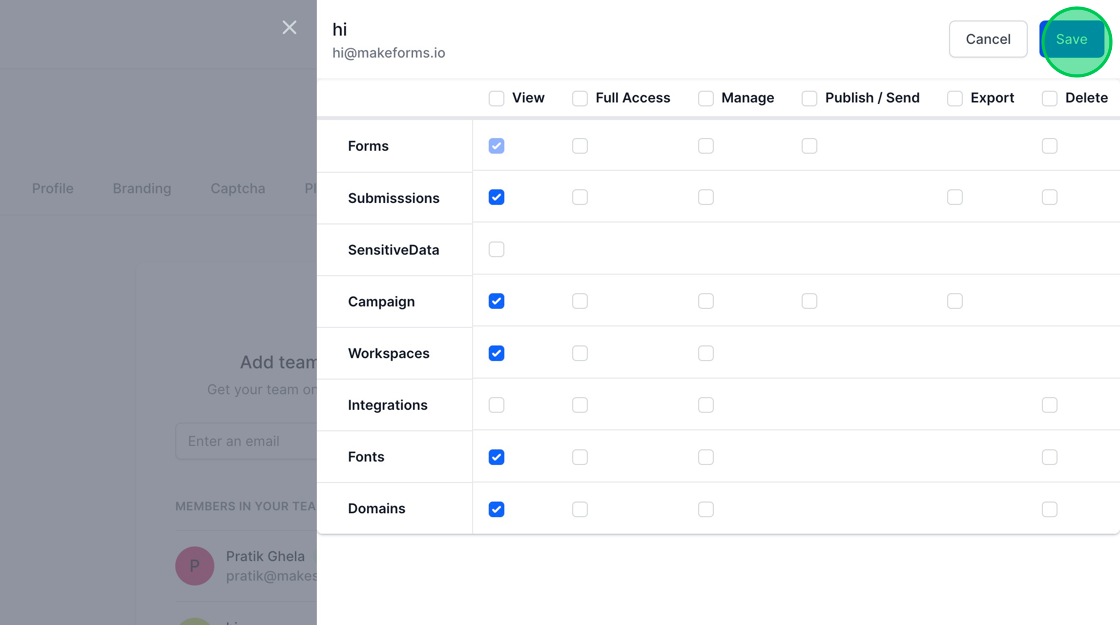 Screenshot of: Alternatively, you have the option to manually select the specific access permissions you wish to grant to the user. After configuring the desired access, click the "Save" button to apply the changes. This will grant the user access to your WorkSpace accordingly. In the following section, we will explore how you can amend the access permissions assigned to a user and how to remove them from your WorkSpace.