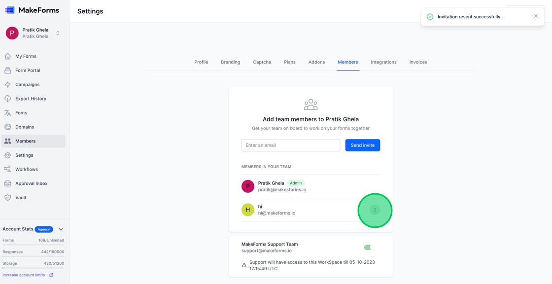 Screenshot of: Clicking the "Resend Invitation" button will dispatch another invitation to the user, allowing them another opportunity to join the WorkSpace should they have missed or overlooked the initial invitation.