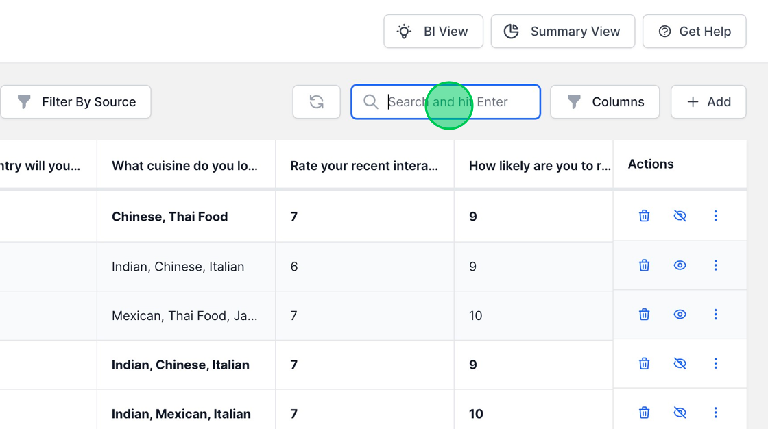 Screenshot of: To search through your responses, simply enter the text you wish to search for in the search bar, and then hit Enter. This feature will filter and display the responses containing the search text, making it easier to locate specific information within your collected data.