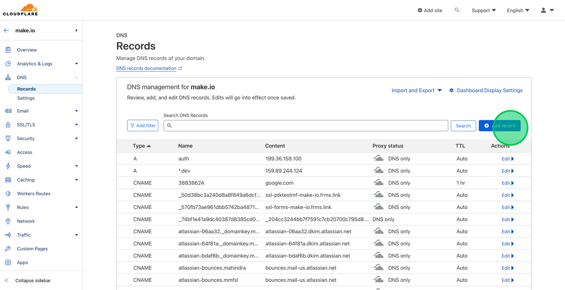 Screenshot of: Go to your Cloudflare account and select the domain DNS Records. Once you are at the DNS Records page, click the Blue "Add record" button.