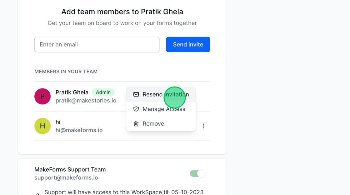 Screenshot of: You have the ability to execute three actions: Resend Invitation, Manage Access, and Remove. Through these options, you can either resend an invitation to the user, adjust their access permissions, or remove them from the WorkSpace altogether.