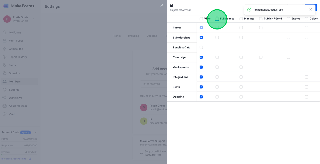 Screenshot of: Upon adding a member to the WorkSpace, an invitation to join will be sent to them, and the access control settings will appear. This interface allows you to meticulously define the level of access you want to grant to the user, utilizing a grid that lays out the various permissions and features available.