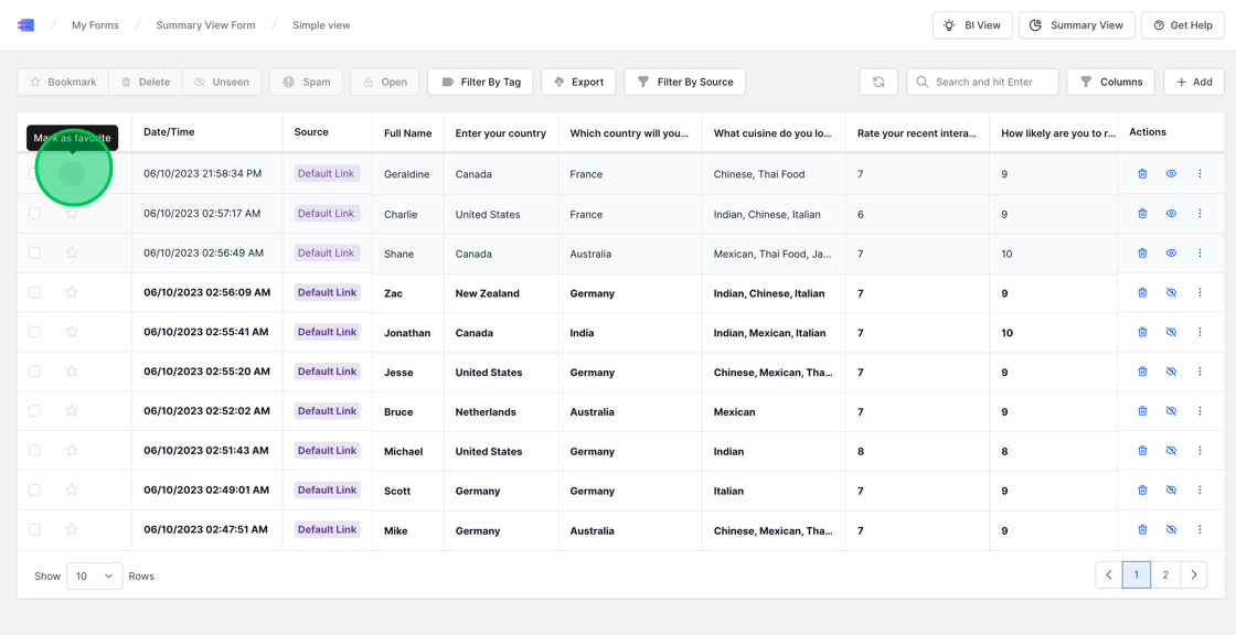 Screenshot of: For certain responses that you may want to highlight or revisit later, you have the option to mark them as favorite or bookmark them by clicking on the star icon. This feature helps in categorizing or earmarking important responses, making it easier to find and refer back to them at a later time.