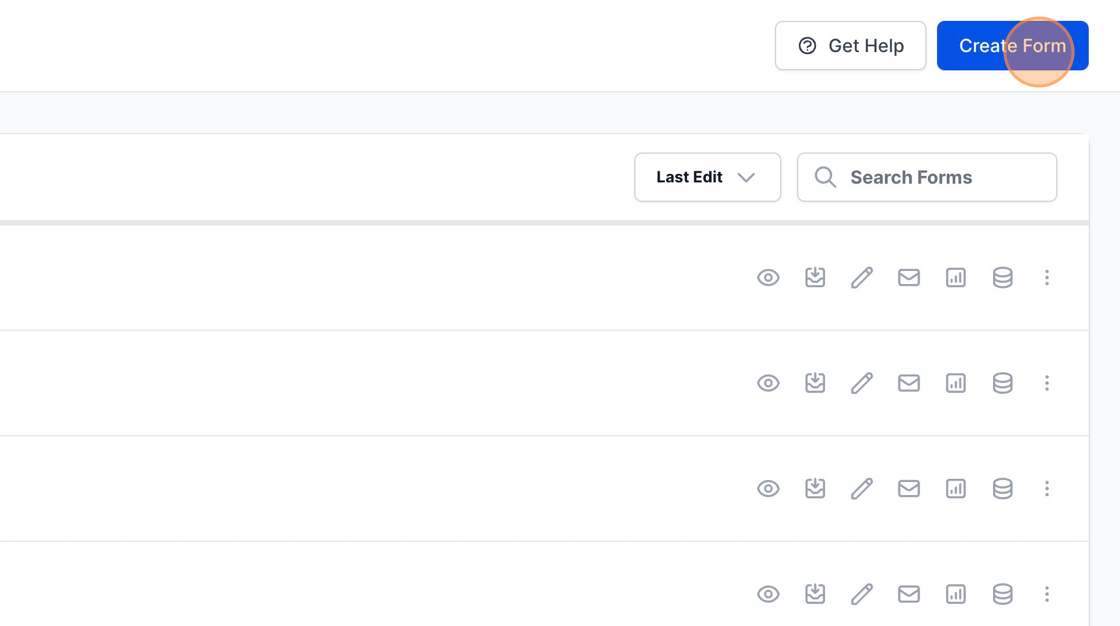 Screenshot of: Access your MakeForms account and select the "Create Form" option.