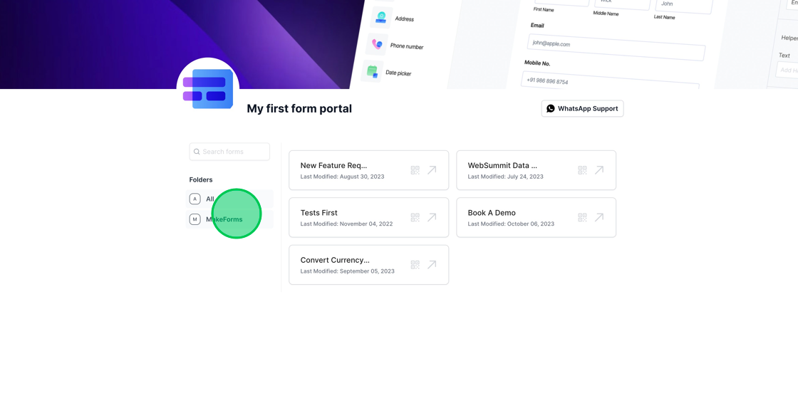 Screenshot of: Upon viewing the form portal, you'll observe its layout. The header image, logo, and button are all presented according to the configurations you set earlier.