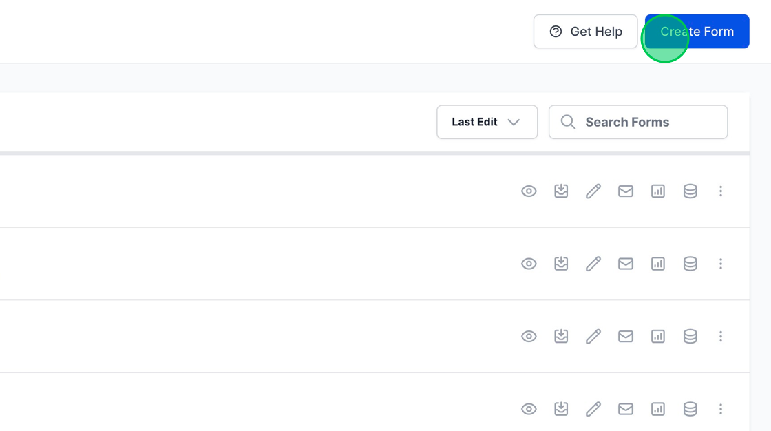 Screenshot of: To create a new form, click the blue "Create Form" button located in the top right corner.