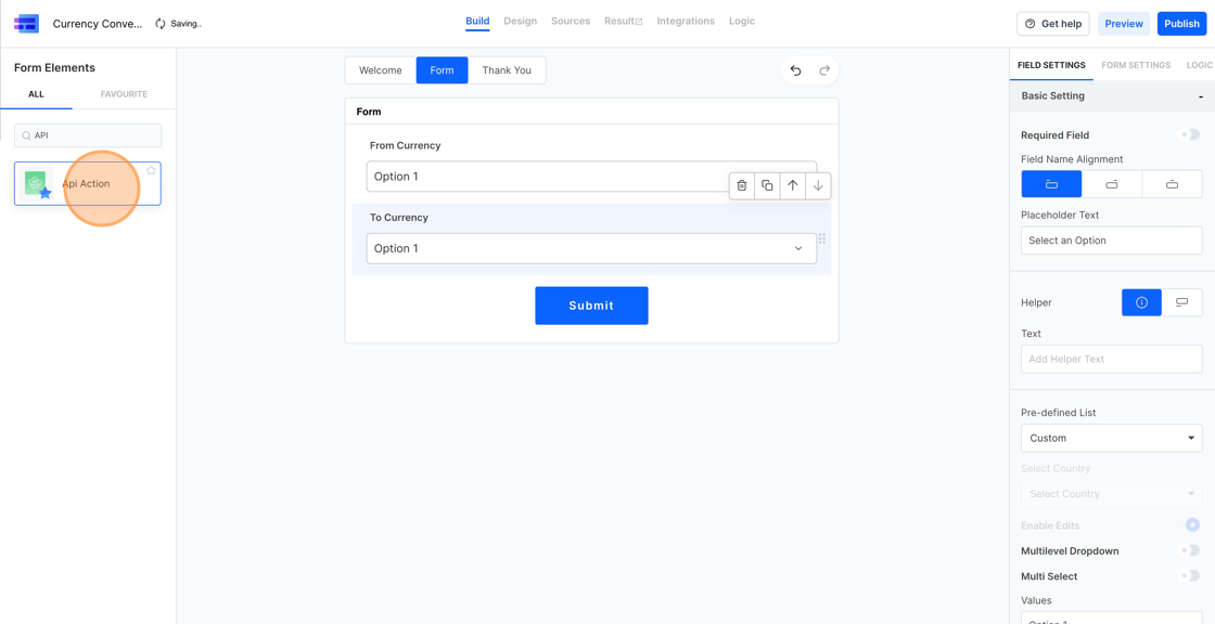 Screenshot of: We will now create a new form and create 2 dropdowns. One for the "From" currency and second one for the "To" currency. We will later change the values of these dropdowns to the list of currency codes. 