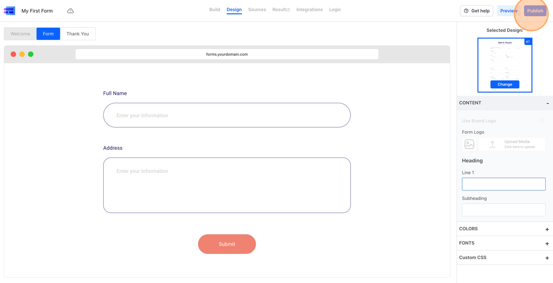 Screenshot of: Our form is set to gather information. Remember, it'll only begin collecting responses when you publish it. To publish, simply click the blue "Publish" button at the top right.