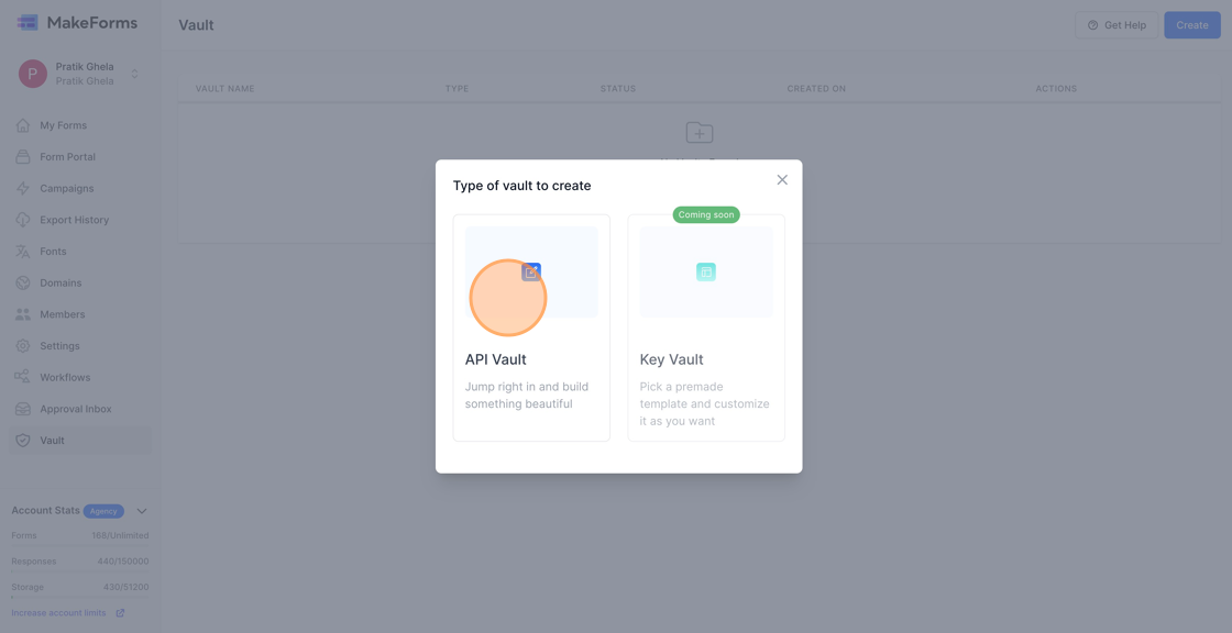 Screenshot of: Select the API Vault Option
