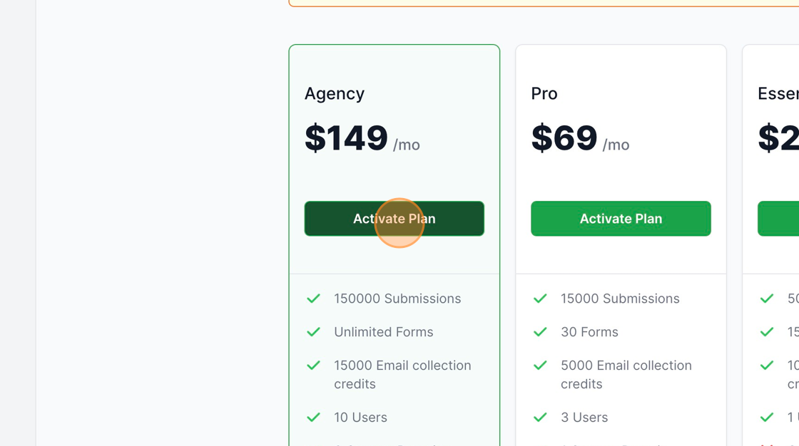 Screenshot of: In this demonstration, we'll opt for the MakeForms Agency monthly plan. To compare all available plans and find the one that suits your needs, you can visit https://makeforms.io/pricing. This page provides a comprehensive overview of the pricing and features associated with each plan, aiding you in making an informed decision for your subscription upgrade.
