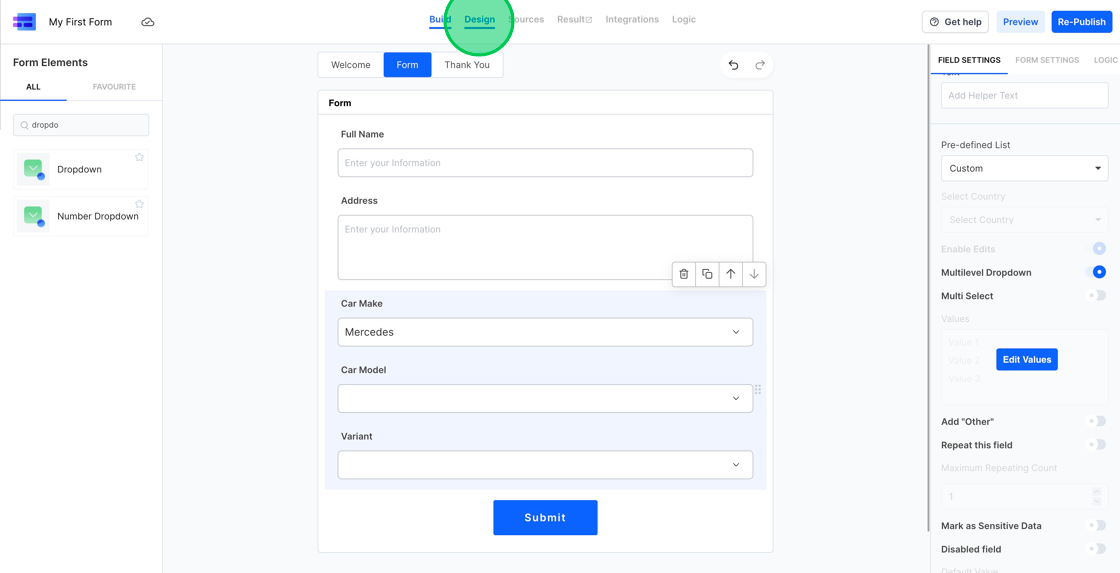 Screenshot of: With our multi-level dropdown values set up, let's see them in action. To do this, click on the design tab.