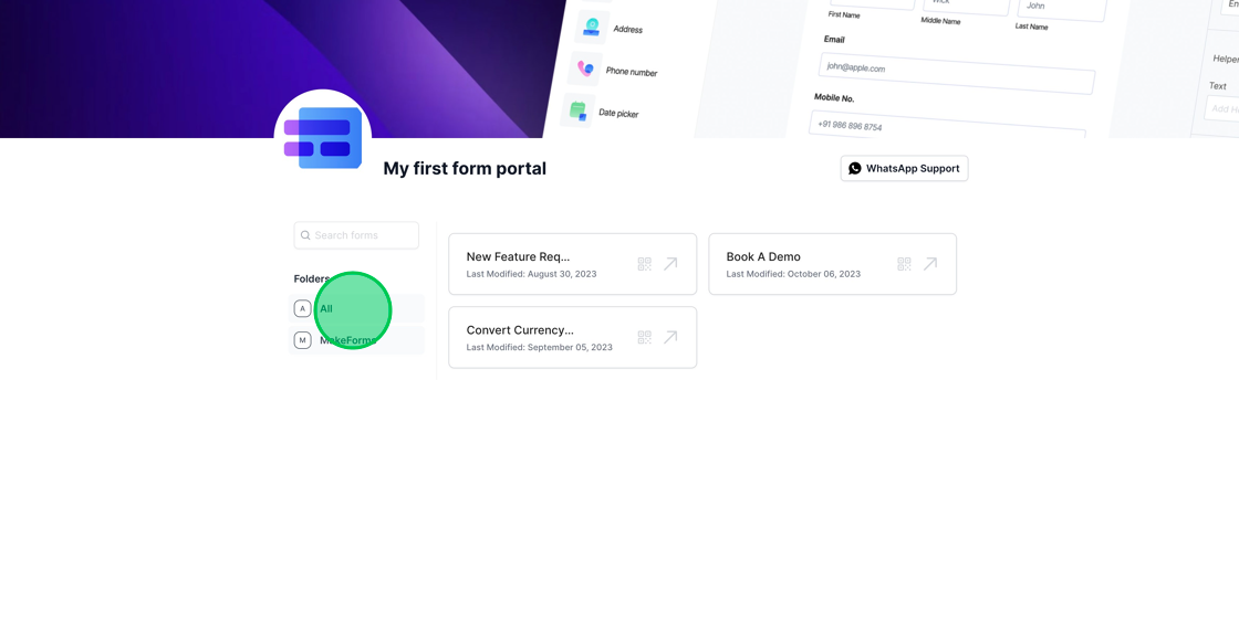 Screenshot of: By default,  all chosen forms appear on the Form Portal. Users have the capability to click on a specific folder to view forms contained within it, and they can also utilize the search function to find specific forms.