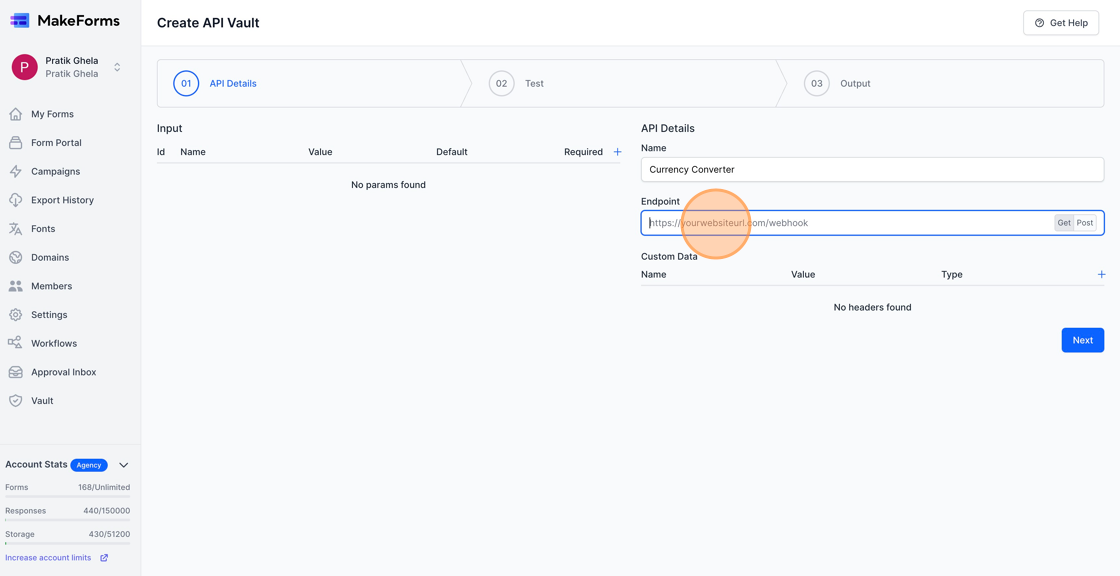 Screenshot of: Enter the API Endpoint that you would like to call in the endpoint field. For our currency conversion application, we will go to <https://exchangerate.host/>, sign up, and get the API endpoint and the API key. Your endpoint will be http://api.exchangerate.host/convert?access_key=<your_api_key>. We will be using the Get method to call the API. If your API needs to use the "Post" method, you can set it using the GET/POST toggle button at the right side of the endpoint field. 