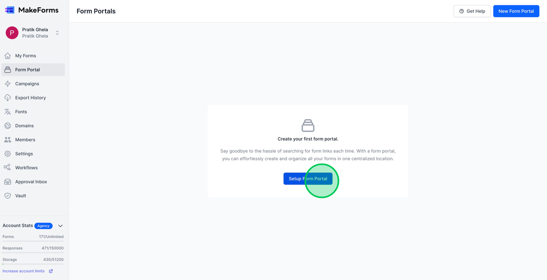 Screenshot of: If you're establishing your first portal, click on the blue "Setup Form Portal" button. However, if you already have Form Portals, select the "New Portal" button located on the top right.