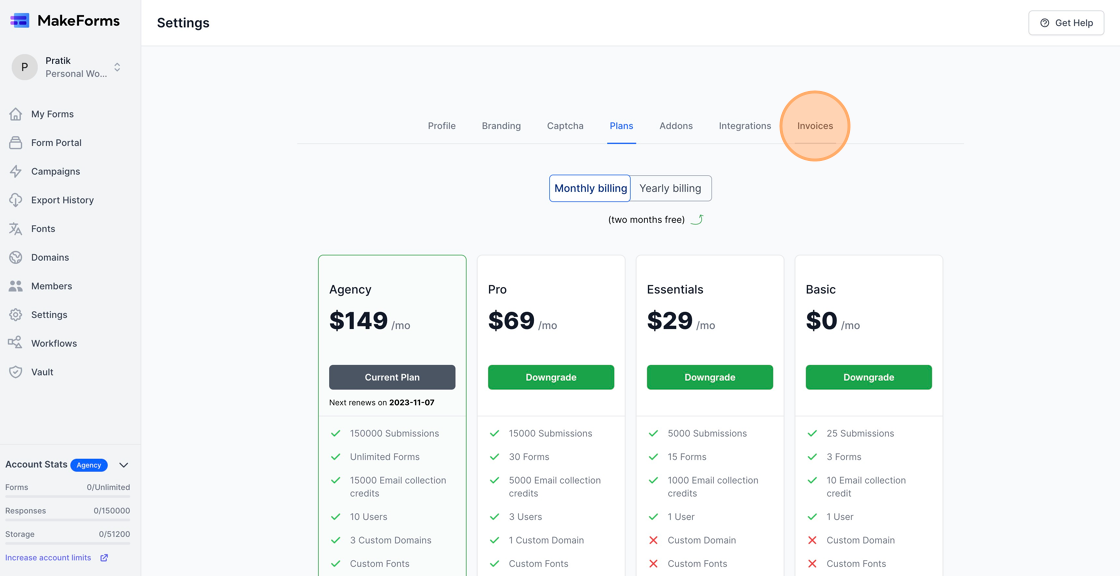 Screenshot of: You can download your invoices by clicking the invoices tab.