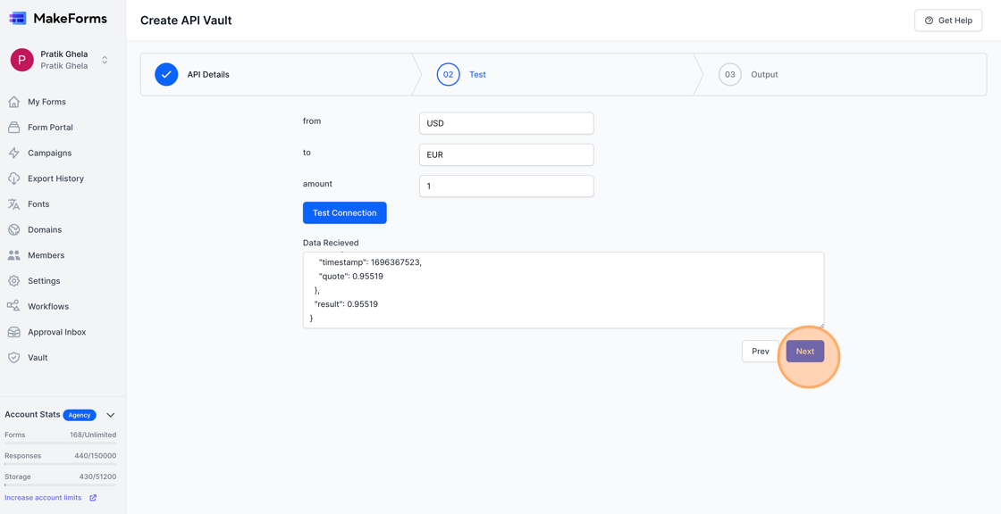 Screenshot of: On hitting the "Test Connection" button, we can see that the API call is successful and we have received the conversion rate in return in the Data Received text area below