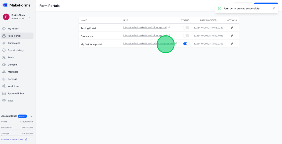 Screenshot of: After publishing your Form Portal, you'll be automatically taken to the "Form Portals" page, where all your active Form Portals are displayed. From here, click on the link to view the Form Portal you've recently set up.