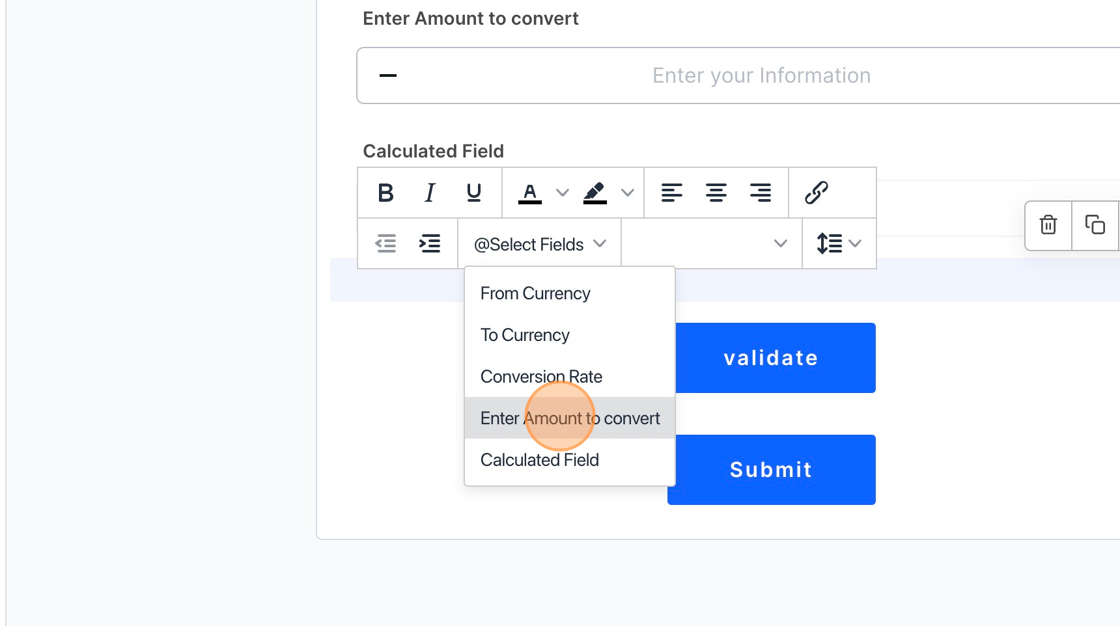 Screenshot of: Select the fields that you need to display. First we will select "Enter Amount to convert" field.