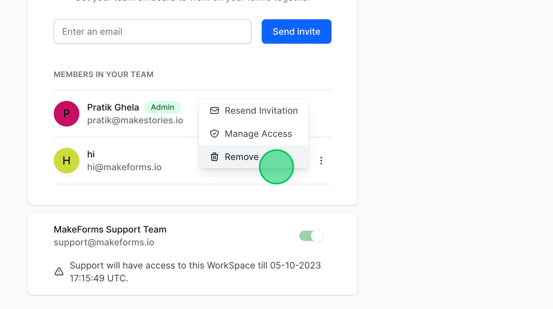 Screenshot of: Clicking the "Remove" option will expel the user from the WorkSpace, revoking their access to the forms and any associated data within that particular WorkSpace.