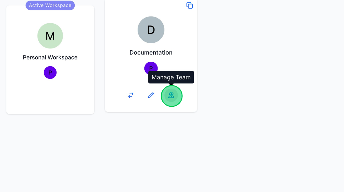 Screenshot of: We've successfully established a WorkSpace named "Documentation". To begin adding members to this new WorkSpace, click on the "Manage Team" icon. Comprehensive guidelines on member management and access control can be found at 