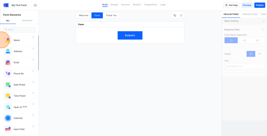 Screenshot of: The MakeForms Form Builder is organized into three main sections: the left sidebar, the center canvas, and the right sidebar. The left sidebar contains all the form fields available.