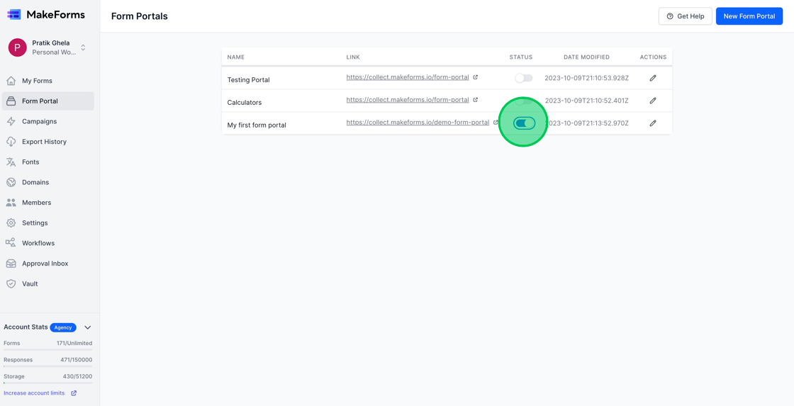 Screenshot of: Should you want to temporarily deactivate a specific Form Portal, you can achieve this by toggling the switch associated with that portal.