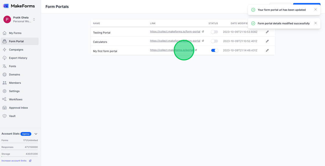 Screenshot of: The Form Portal URL has now been successfully updated and reflects the changes we just made.