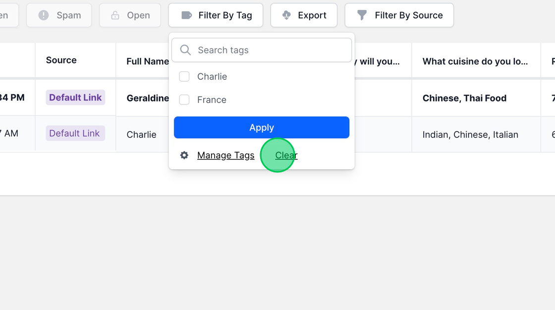 Screenshot of: To clear the applied filter, click the "Filter By Tag" button, followed by clicking the "Clear" link. This action will remove the active tag filter, reverting the view to display all responses without any tag-based filtering.