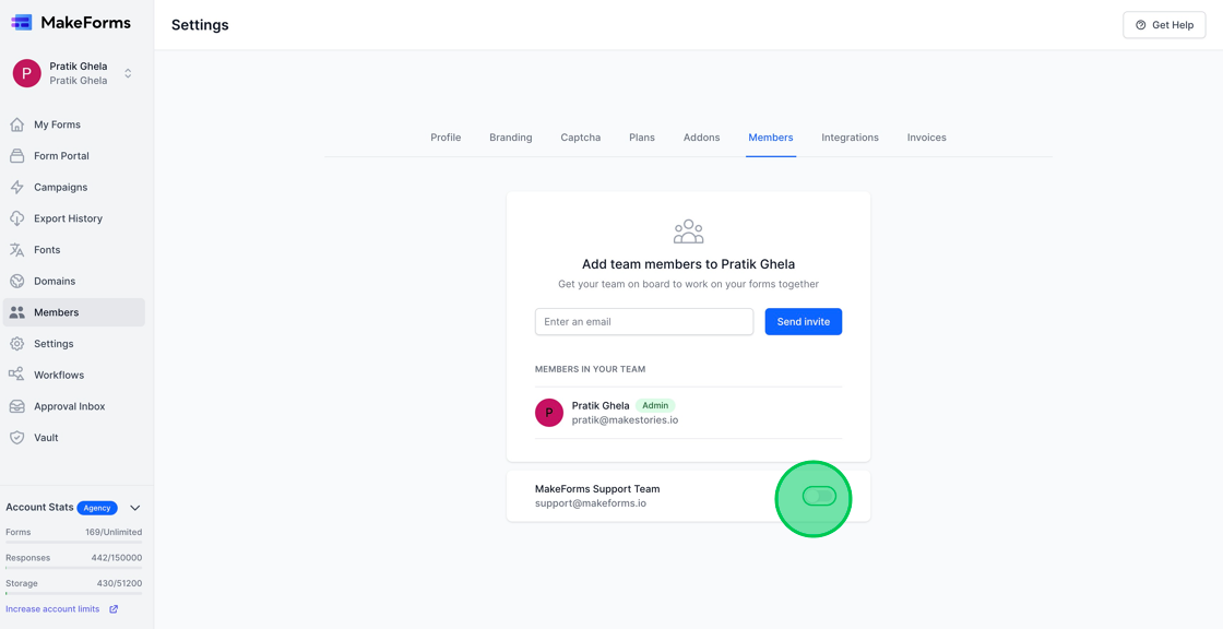 Screenshot of: Upon navigating to the members page, scroll down to the bottom where you'll find an option labeled "MakeForms Support Team" accompanied by a toggle. Simply click on the toggle, and support access will be activated.