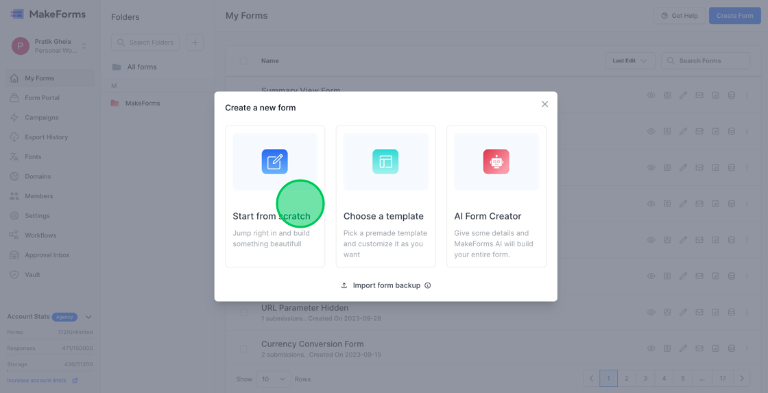 Screenshot of: You'll be given three choices:

1. "Start from scratch" if you prefer to design your form from the ground up.

2. Opt for a premade template from a provided list.

3. Use the "AI Form Creator" to let artificial intelligence craft an initial form for you.

For our purpose, we'll select "Start from scratch" to begin crafting our inaugural form.
