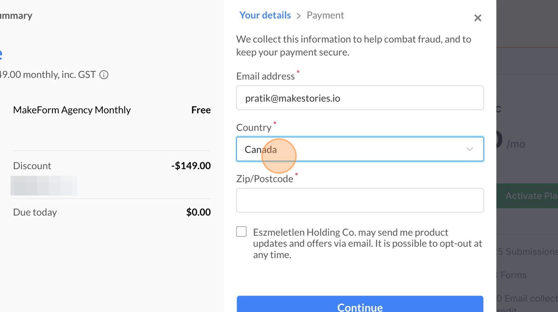 Screenshot of: Choose your country from the dropdown menu, input your zip code in the specified field, and then click "Continue" to proceed with the checkout process